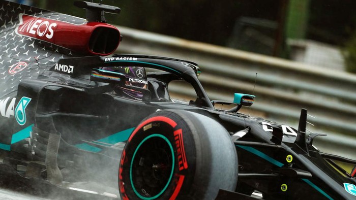 BUDAPEST, HUNGARY - JULY 18: Lewis Hamilton of Great Britain driving the (44) Mercedes AMG Petronas F1 Team Mercedes W11 on track during final practice for the F1 Grand Prix of Hungary at Hungaroring on July 18, 2020 in Budapest, Hungary. (Photo by Darko Bandic/Pool via Getty Images)