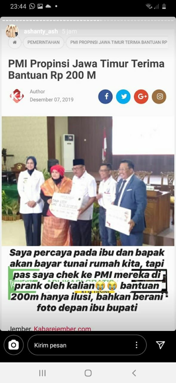 Istri Anang Hermansyah, Ashanty menyebut rumah mereka akan dibeli seorang perempuan dari Jember sebesar Rp 35 miliar. Calon pembeli rumah itu diduga merupakan orang yang pernah berjanji akan menyumbang PMI Jember Rp 16 miliar. Namun hingga saat ini janji itu tak kunjung ditepati.