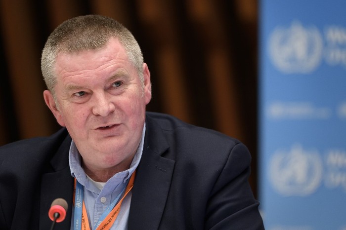 WHO Health Emergencies Programme head Michael Ryan attends a press conference organized by Geneva Association of United Nations Correspondents (ACANU) amid the COVID-19 outbreak, caused by the novel coronavirus, on July 3, 2020 at the WHO headquarters in Geneva. (Photo by Fabrice COFFRINI / POOL / AFP)