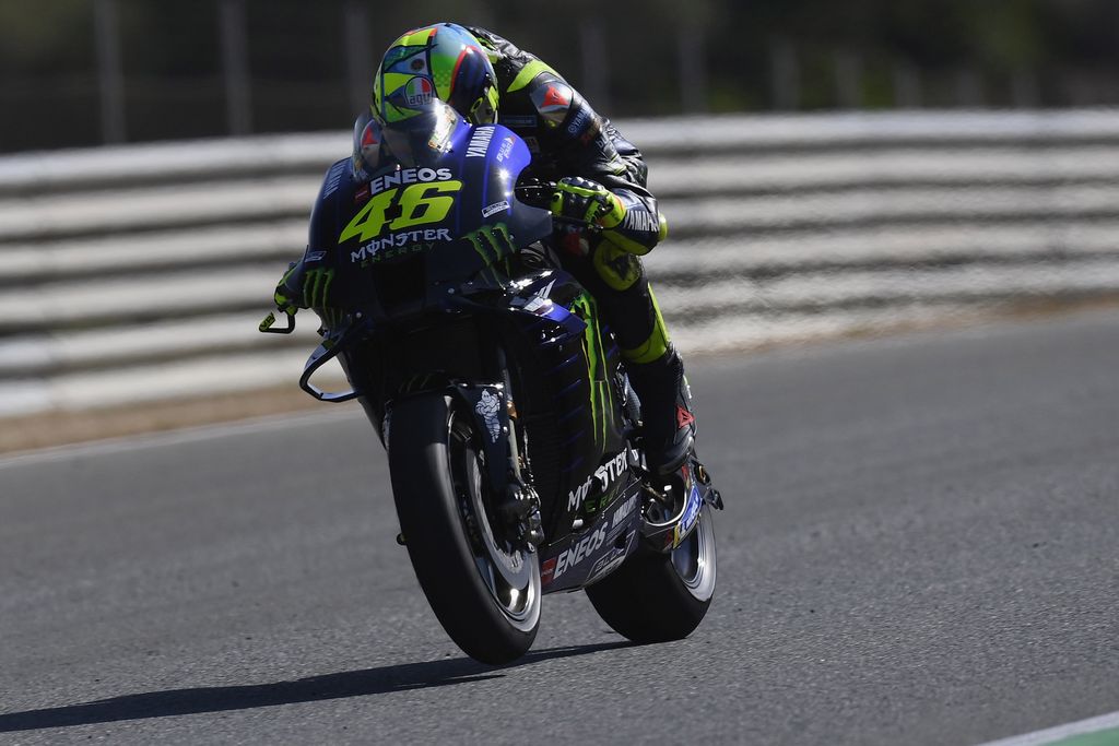 JEREZ DE LA FRONTERA, SPAIN - JULY 15:   Valentino Rossi of Italy and Monster Energy Yamaha MotoGP Team heads down a  straight during the MotoGP tests at the Circuito de Jerez on July 15, 2020 in Jerez de la Frontera, Spain. (Photo by Mirco Lazzari gp/Getty Images)