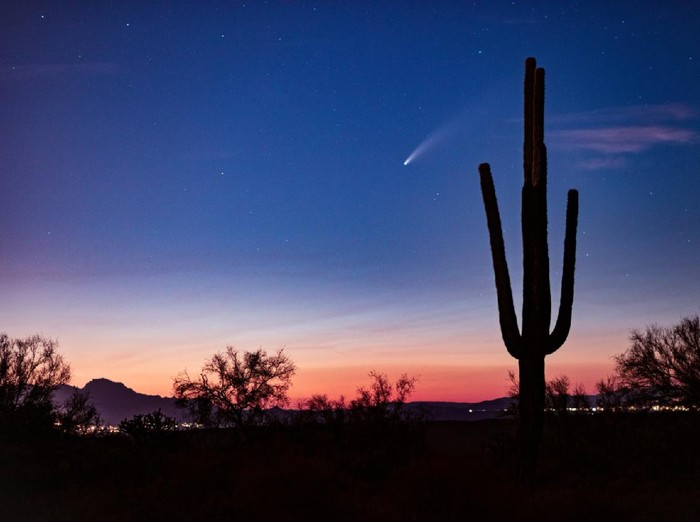 Comet Neowise soars across the night sky in the desert near Phoenix, Arizona.