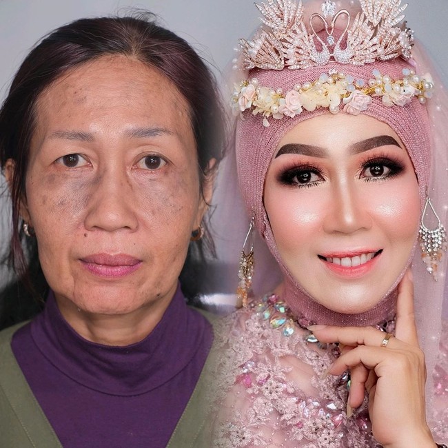 Makeup artist Ari Izam membuat penampilan nenek 60 tahun ini jadi tampak jauh lebih muda hanya dengan makeup. Transformasi sang nenek pun bikin tercengang.  Foto: Instagram