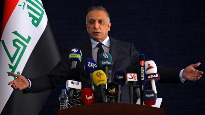 Iraqi Prime Minister Mustafa al-Kadhimi speaks to journalists during his visit to Basra, Iraq, Wednesday, July 15, 2020. (Ahmed al-Rubaye/Pool Photo via AP)