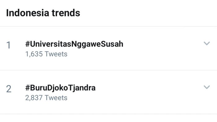 Tangkapan layar #UniversitasNggaweSusah jadi trending topic Twitter, Senin (20/7/2020)