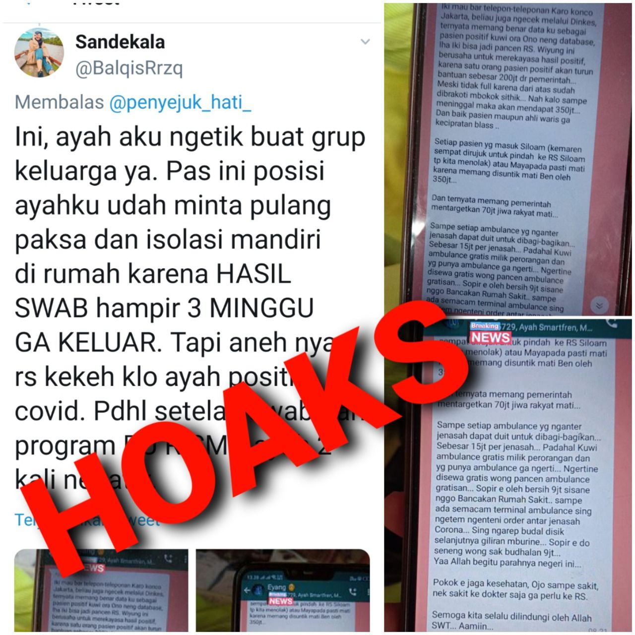 Cuitan hoax soal RS mengcovidkan pasien. (Dok PERSI)