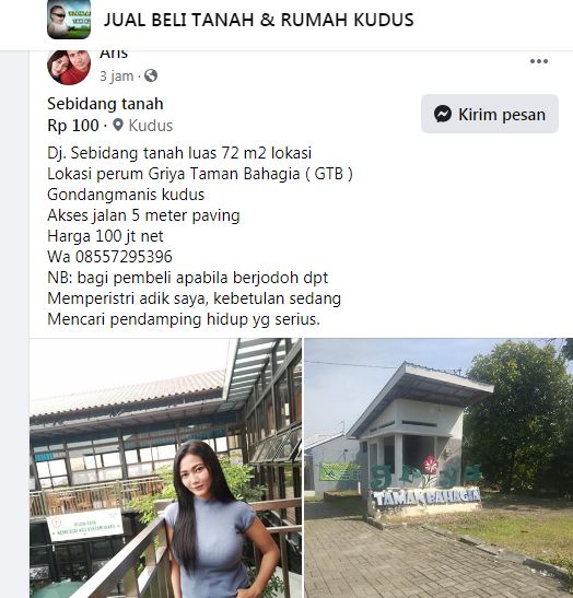 Postingan jual tanah di Kudus. Jika beruntung, pembeli bisa sekaligus mendapat istri, Selasa (21/7/2020).