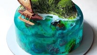 Jika sebelumnya memakai hiasan kapal laut warna hitam, kue jelly ini diberikan hiasan kapal laut kayu yang sedang berlayar. Foto: bored panda