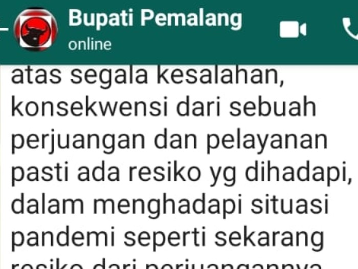 Pesan dari Bupati Pemalang Junaedi dari ruang isolasi COVID-19, Rabu (22/7/2020).