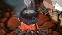 Terakhir ada hidangan okayu, sejenis bubur khas Jepang yang disorot di dalam film Princess Mononke. Bubur ini dibuat menggunakan tungku kayu bakar sederhana. Foto: Studio Ghibli