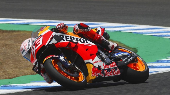 MotoGP rider Marc Marquez of Spain steers his motorcycle during the Spanish Motorcycle Grand Prix at the Angel Nieto racetrack in Jerez de la Frontera, Spain, Sunday, July 19, 2020. (AP Photo/David Clares)