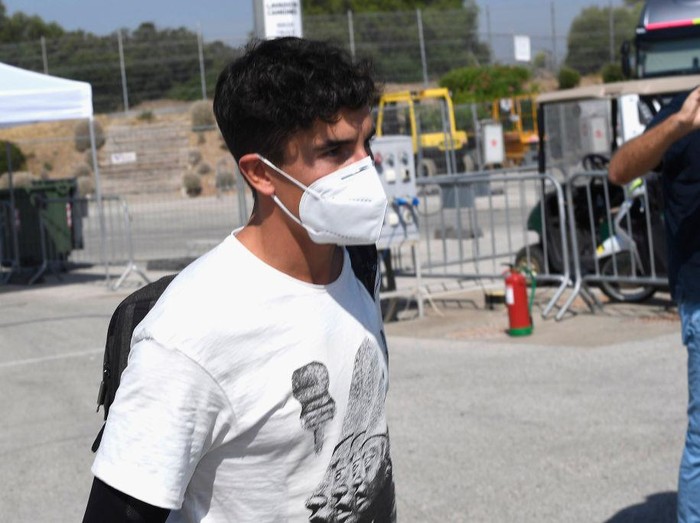 JEREZ DE LA FRONTERA, SPAIN - JULY 23: Marc Marquez of Spain and Repsol Honda Team  arrives on track after the surgery on Tuesday in Barcelona during the MotoGP of Andalucia - Previews at Circuito de Jerez on July 23, 2020 in Jerez de la Frontera, Spain. (Photo by Mirco Lazzari gp/Getty Images)