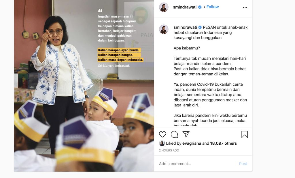 Menteri Keuangan Sri Mulyani (Tangkapan Layar Instagram)