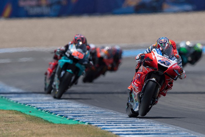 JEREZ DE LA FRONTERA, SPAIN - JULY 19:  Jack Miller of Australia and Pramac Racing  leads the field during the MotoGP race during the MotoGP of Spain - Race at Circuito de Jerez on July 19, 2020 in Jerez de la Frontera, Spain. (Photo by Mirco Lazzari gp/Getty Images)