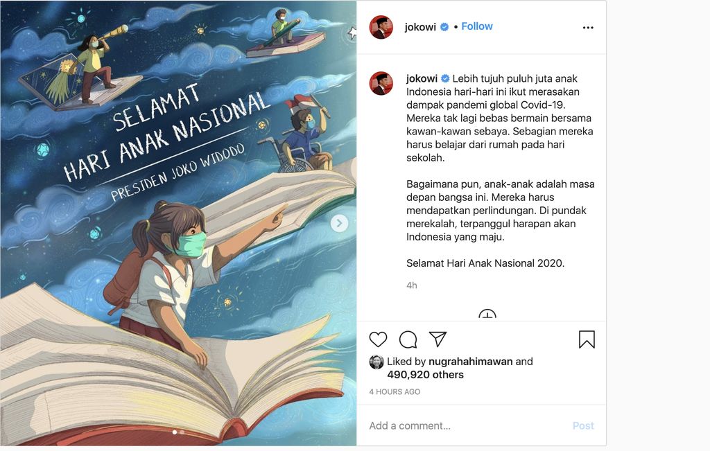 Presiden Jokowi ucapkan hari Anak Nasional (Instagram Jokowi)