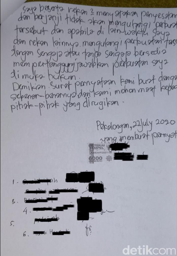 Surat pernyataan emak-emak yang viral main TikTok di Exit Tol Setono, Kota Pekalongan.