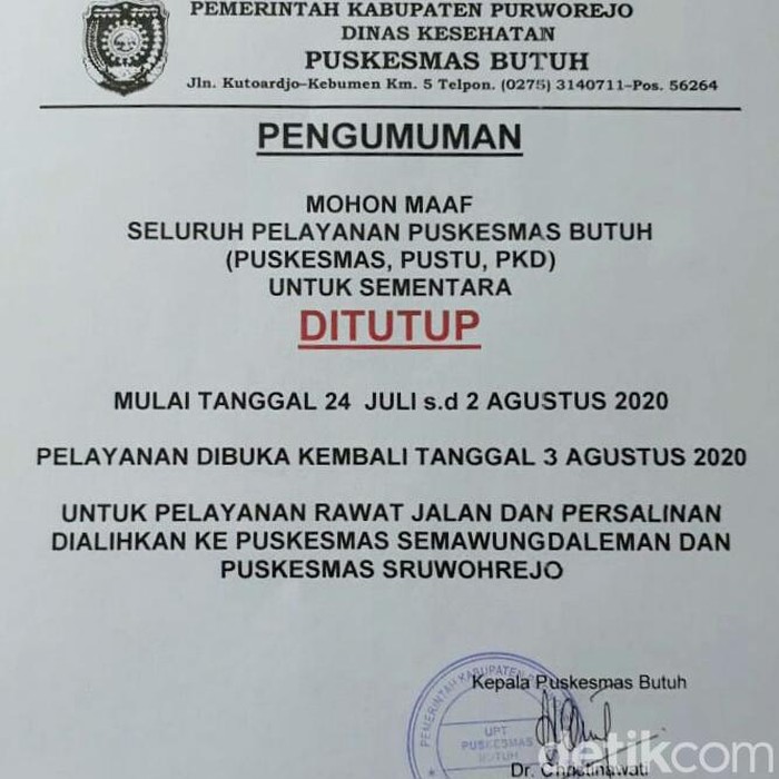 Pengumuman penutupan Puskesmas Butuh, Purworejo (24/7/2020)