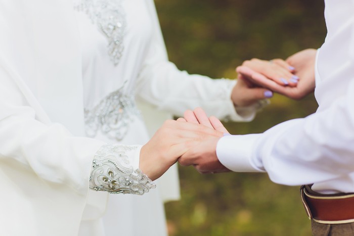 National wedding. Bride and groom. Wedding muslim couple during the marriage ceremony. Muslim marriage