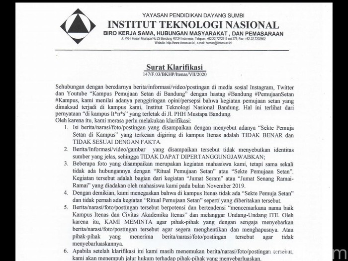 Itenas klarifikasi soal sekte setan
