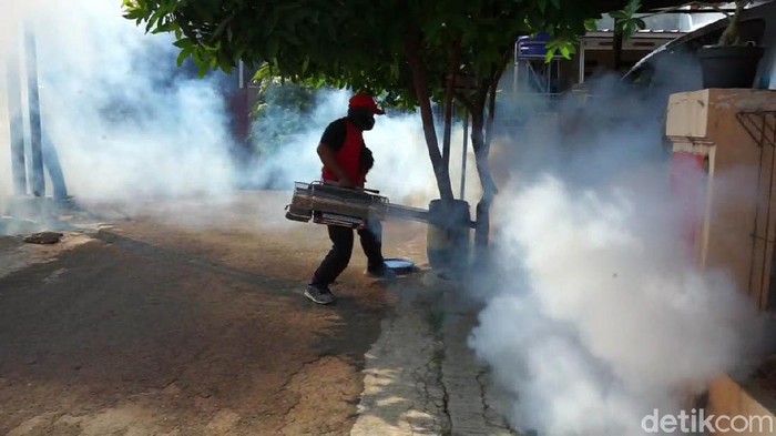 Sudah ada enam warga yang terjangkit penyakit Demam Berdarah Dengue (DBD), warga perumahan Oesman Singawinata, di Kelurahan Negeri Kaler, Purwakarta melakukan pengasapan atau fogging.