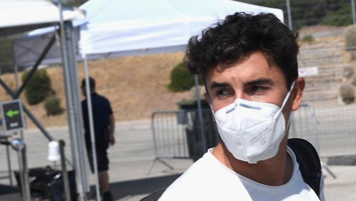 JEREZ DE LA FRONTERA, SPAIN - JULY 23: Marc Marquez of Spain and Repsol Honda Team arrives on track after the surgery on Tuesday in Barcelona during the MotoGP of Andalucia - Previews at Circuito de Jerez on July 23, 2020 in Jerez de la Frontera, Spain. (Photo by Mirco Lazzari gp/Getty Images)