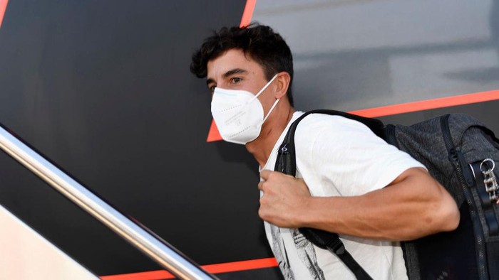 JEREZ DE LA FRONTERA, SPAIN - JULY 23: Marc Marquez of Spain and Repsol Honda Team arrives in his motorhome in paddock after surgery on Tuesday in Barcelona during the MotoGP of Andalucia - Previews at Circuito de Jerez on July 23, 2020 in Jerez de la Frontera, Spain. (Photo by Mirco Lazzari gp/Getty Images)