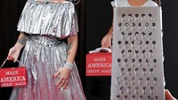 Berbeda saat Riley mengikuti penampilan Joy Villa bergaun silver. Ia menggunakan parutan sayuran yang ia dekatkan dengan kamera sehingga terlihat seperti ia memakainya. Foto: Instargram @rileydiary