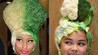 Gayanya ini menggemaskan, ia berniat untuk menirukan penampilan Nicky Minaj yang menggunakan hiasan kepala berwarna hijau, Riley menggunakan sayuran berupa kembang kol dan brokoli. Foto: Instargram @rileydiary
