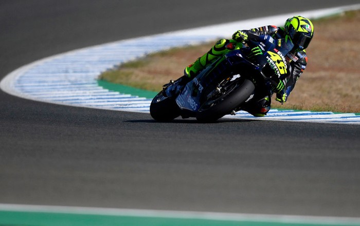 JEREZ DE LA FRONTERA, SPAIN - JULY 24: Valentino Rossi of Italy and Monster Energy Yamaha MotoGP Team rounds the bend during the MotoGP of Andalucia - Free Practice at Circuito de Jerez on July 24, 2020 in Jerez de la Frontera, Spain. (Photo by Mirco Lazzari gp/Getty Images)