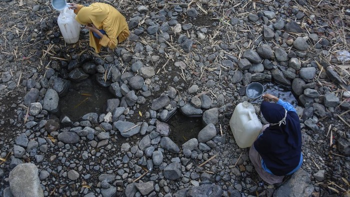 KESULITAN AIR BERSIH AKIBAT KEMARAU Sejumlah perempuan berjalan membawa jerigen untuk mengambil air di sungai yang airnya mulai menyusut di Desa Kelawis, Kecamatan Orong Telu, Kabupaten Sumbawa, NTB, Sabtu (25/7/2020). Warga di daerah tersebut sejak dua bulan lalu mengalami kesulitan mendapatkan air bersih untuk kebutuhan mencuci dan mandi akibat semakin menyusutnya debit air sungai yang melintas di Desa Kelawis dampak musim kemarau. ANTARA FOTO/Ahmad Subaidi/foc.