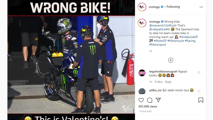Maverick Vinales salah naik motor saat sesi pemanasan MotoGP Andalusia