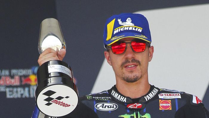 Maverick Vinales MotoGP rider Maverick Vinales of Spain celebrates his second place at the podium of the Spanish Motorcycle Grand Prix at the Angel Nieto racetrack in Jerez de la Frontera, Spain, Sunday, July 19, 2020. (AP Photo/David Clares)