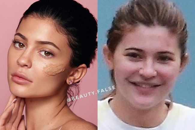 Beberapa orang, termasuk para selebriti dan influencer mungkin ada yang menyembunyikan wajah atau penampilan aslinya karena beberapa alasan. Salah satu selebriti yang terlihat kerap kali menggunakan makeup adalah Kylie Jenner. Jika wajahnya dibandingkan seperti ini, bagaimana menurutmu? Foto: Instagram @beauty.false