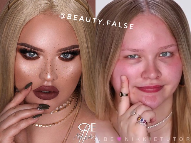 Ini adalah foto perbedaan wajah dari influencer kecantikan Nikkie Tutorial saat mengenakan dan tanpa makeup. Kamu lebih suka melihat yang pakai makeup atau tanpa makeup? Foto: Instagram @beauty.false