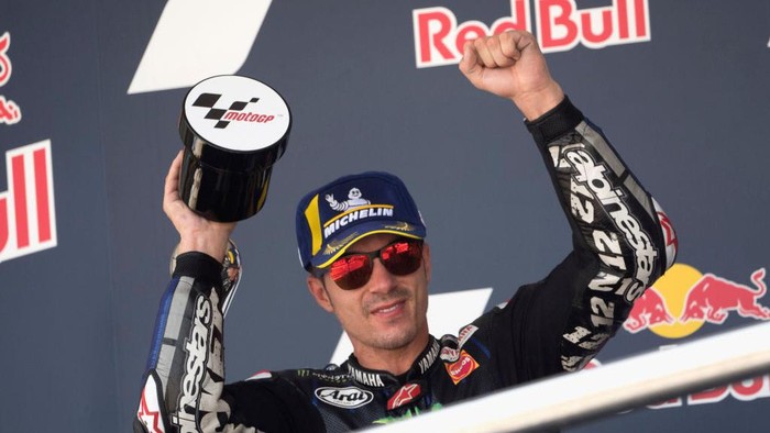 JEREZ DE LA FRONTERA, SPAIN - JULY 26: Maverick Vinales of Spain and Monster Energy Yamaha MotoGP Team  celebrates the second place on the podium during the MotoGP race during the MotoGP of Andalucia - Race at Circuito de Jerez on July 26, 2020 in Jerez de la Frontera, Spain. (Photo by Mirco Lazzari gp/Getty Images)