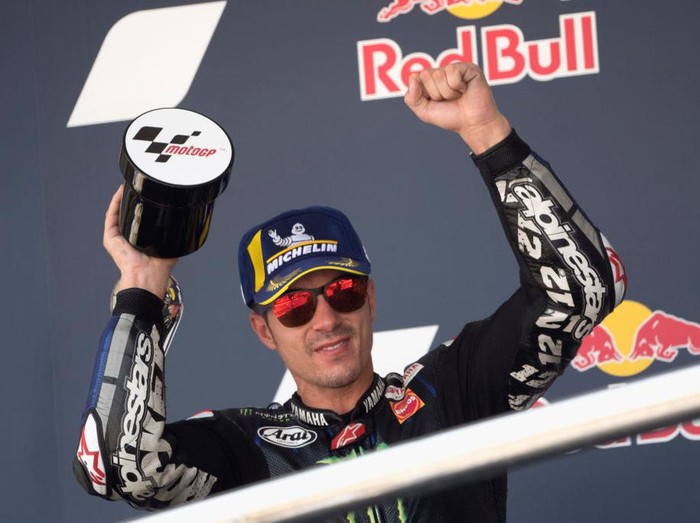 JEREZ DE LA FRONTERA, SPAIN - JULY 26: Maverick Vinales of Spain and Monster Energy Yamaha MotoGP Team  celebrates the second place on the podium during the MotoGP race during the MotoGP of Andalucia - Race at Circuito de Jerez on July 26, 2020 in Jerez de la Frontera, Spain. (Photo by Mirco Lazzari gp/Getty Images)