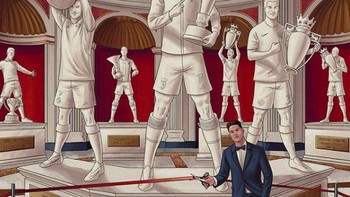 Ronaldo digambarkan berada di museum dengan patung dirinya mengangkat banyak trofi. Foto: Twitter