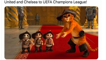 Tapi ada juga yang menjadikannya bahan candaan. Liverpool yang perkasa digambarkan sebagai kucing jagoan yang memperkenalkan tiga tim Inggris lain di Liga Champion musim depan. Foto: Twitter