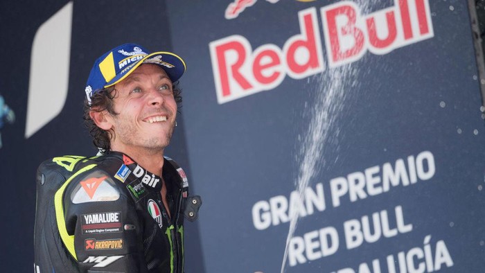 JEREZ DE LA FRONTERA, SPAIN - JULY 26: Valentino Rossi of Italy and Monster Energy Yamaha MotoGP Team celebrates the third place on the podium during the MotoGP race during the MotoGP of Andalucia - Race at Circuito de Jerez on July 26, 2020 in Jerez de la Frontera, Spain. (Photo by Mirco Lazzari gp/Getty Images)