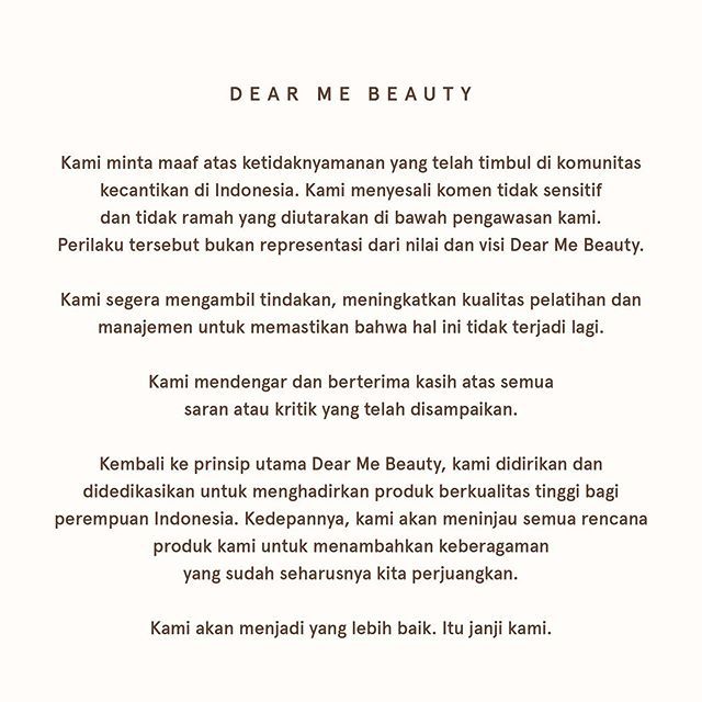 Klarifikasi dan permohonan maaf Dear Me Beauty di Instagram.