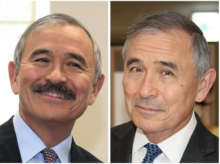 This combination of photos shows U.S. Ambassador to South Korea Harry Harris, left, in a March 4, 2020, photo, and, right in a July 27, 2020, both taken in Seoul, South Korea. Harris has shaved his mildly controversial mustache, saying it was too uncomfortable to keep it while wearing a coronavirus mask amid South Koreas notoriously hot summer. His facial hair had drawn criticism from a small number of online commentators and media, who compared his mustache to those worn by colonial Japanese governors during the countrys brutal rule of the Korean Peninsula from 1910 to 1945.(Newsis, Yonhap via AP)