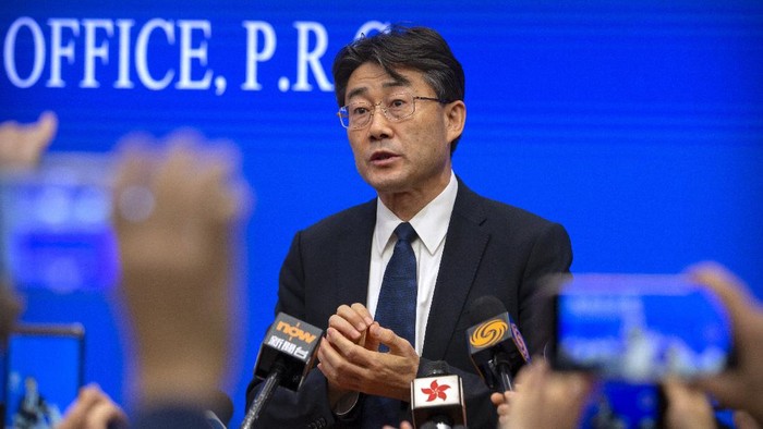 Gao Fu, the head of the Chinese Center for Disease Control and Prevention (China CDC), speaks to journalists after a press conference at the State Council Information Office in Beijing on Jan. 26, 2020. Gao has revealed Tuesday, July 28, 2020 he has been injected with an experimental coronavirus vaccine in what he said is an attempt to persuade the public to follow suit when one is approved. (AP Photo/Mark Schiefelbein)