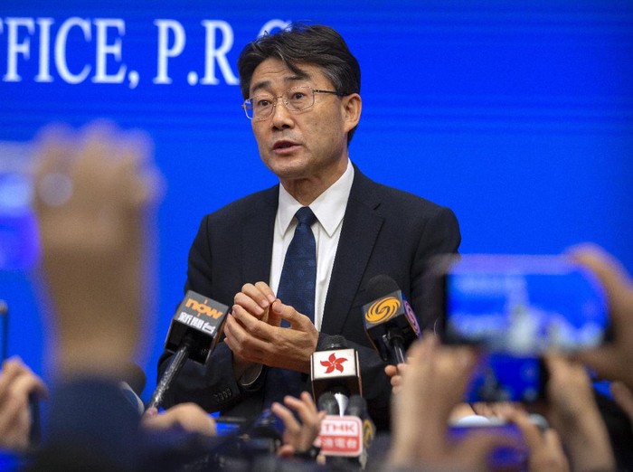 Gao Fu, the head of the Chinese Center for Disease Control and Prevention (China CDC), speaks to journalists after a press conference at the State Council Information Office in Beijing on Jan. 26, 2020. Gao has revealed Tuesday, July 28, 2020 he has been injected with an experimental coronavirus vaccine in what he said is an attempt to persuade the public to follow suit when one is approved. (AP Photo/Mark Schiefelbein)