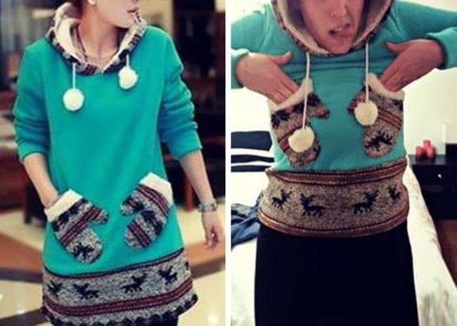 Wanita ini membeli sweater unik yang memiliki detail kantong menyerupai sarung tangan. Tapi saat barang belanjaan onlinenya datang malah yang dia dapatkan sweater kekecilan dan tak sesuai dengan foto. Foto: dok. © MsLunaValentine / reddit.