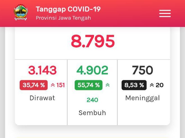 Tangkapan layar update COVID-19 di Jateng 28 Juli 2020