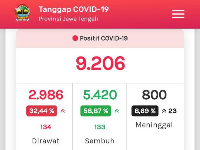 Tangkapan layar update COVID-19 di Jateng 29 Juli 2020