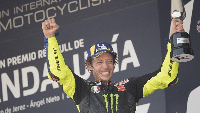 Valentino Rossi JEREZ DE LA FRONTERA, SPAIN - JULY 26: Valentino Rossi of Italy and Monster Energy Yamaha MotoGP Team celebrates the third place on the podium during the MotoGP race during the MotoGP of Andalucia - Race at Circuito de Jerez on July 26, 2020 in Jerez de la Frontera, Spain. (Photo by Mirco Lazzari gp/Getty Images)
