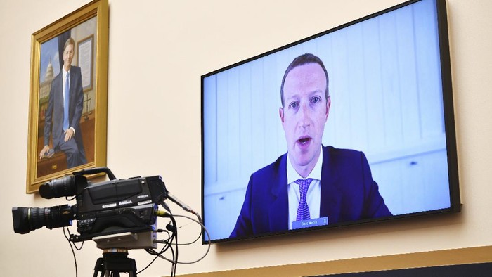 Facebook CEO Mark Zuckerberg testifies remotely during a House Judiciary subcommittee on antitrust on Capitol Hill on Wednesday, July 29, 2020, in Washington. (Mandel Ngan/Pool via AP)