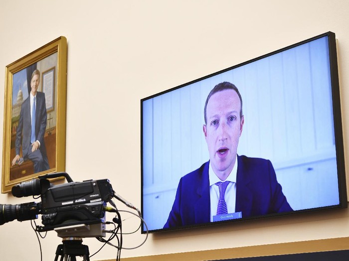 Facebook CEO Mark Zuckerberg testifies remotely during a House Judiciary subcommittee on antitrust on Capitol Hill on Wednesday, July 29, 2020, in Washington. (Mandel Ngan/Pool via AP)