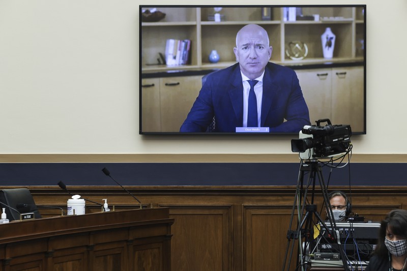 Facebook CEO Mark Zuckerberg testifies remotely during a House Judiciary subcommittee on antitrust on Capitol Hill on Wednesday, July 29, 2020, in Washington. (Mandel Ngan/Pool via AP)