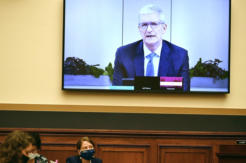 Facebook CEO Mark Zuckerberg testifies remotely during a House Judiciary subcommittee on antitrust on Capitol Hill on Wednesday, July 29, 2020, in Washington. (Mandel Ngan/Pool via AP)
